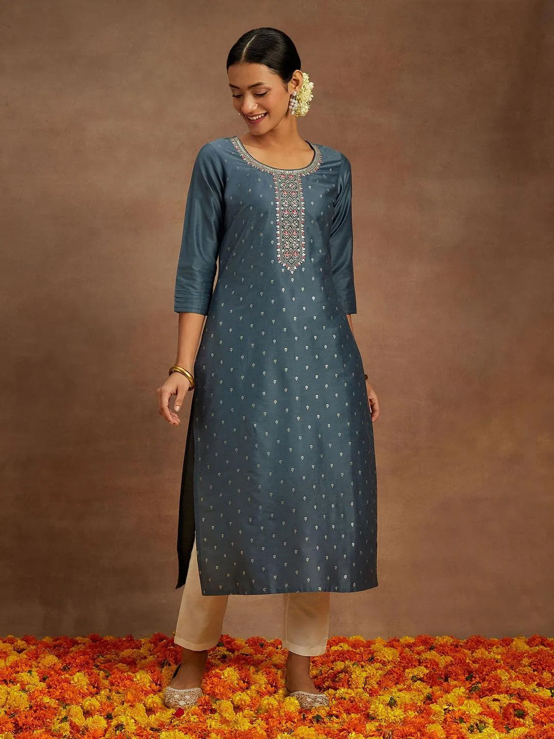 Grey Embroidered Chanderi Silk Straight Kurta - Libas