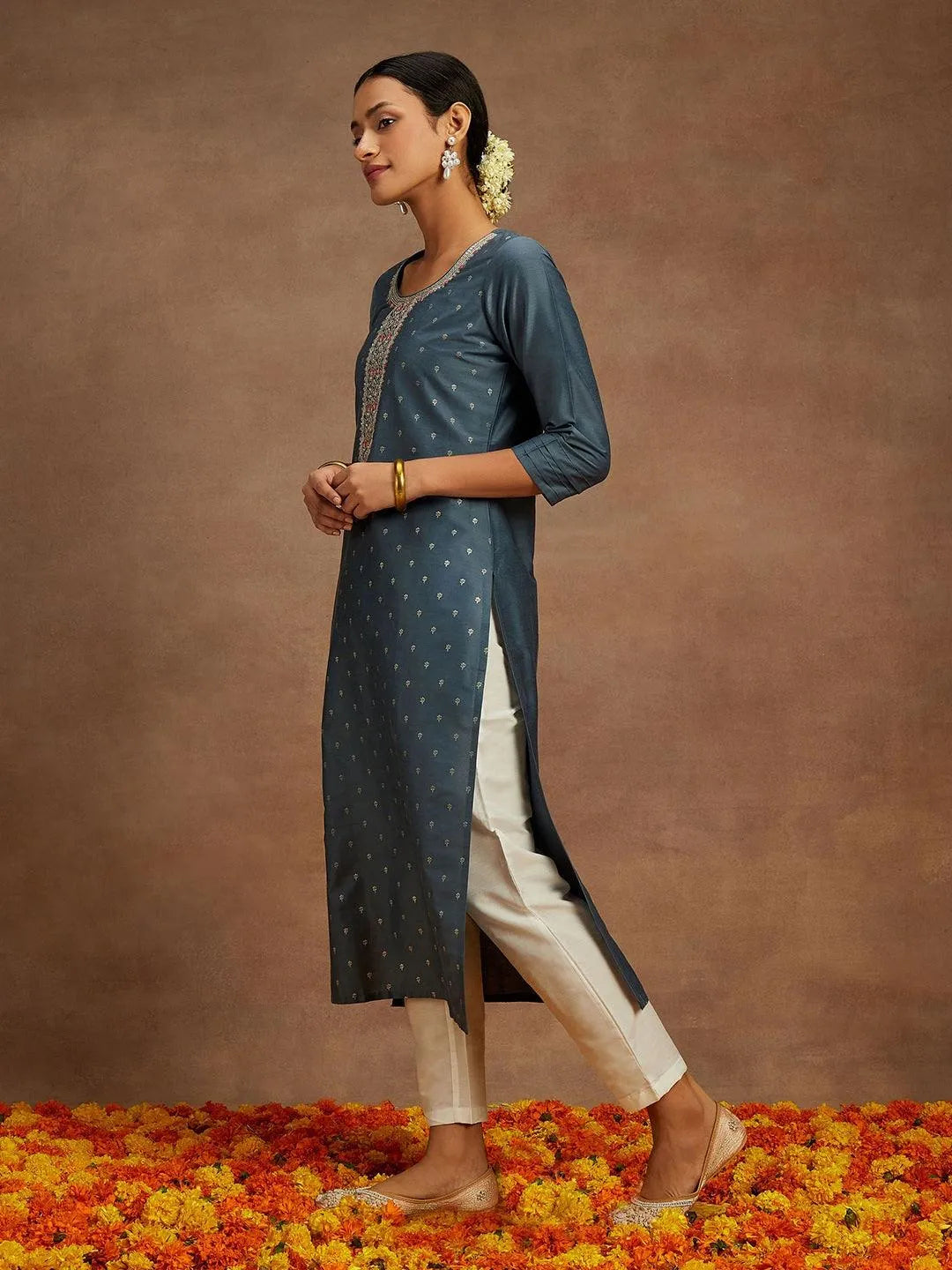 Grey Embroidered Chanderi Silk Straight Kurta - Libas 