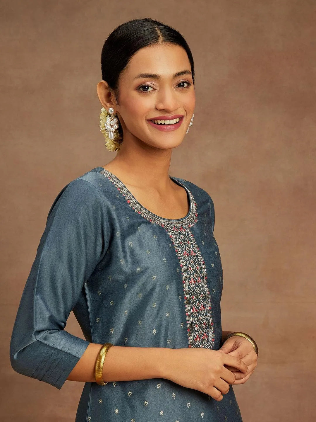 Grey Embroidered Chanderi Silk Straight Kurta - Libas 