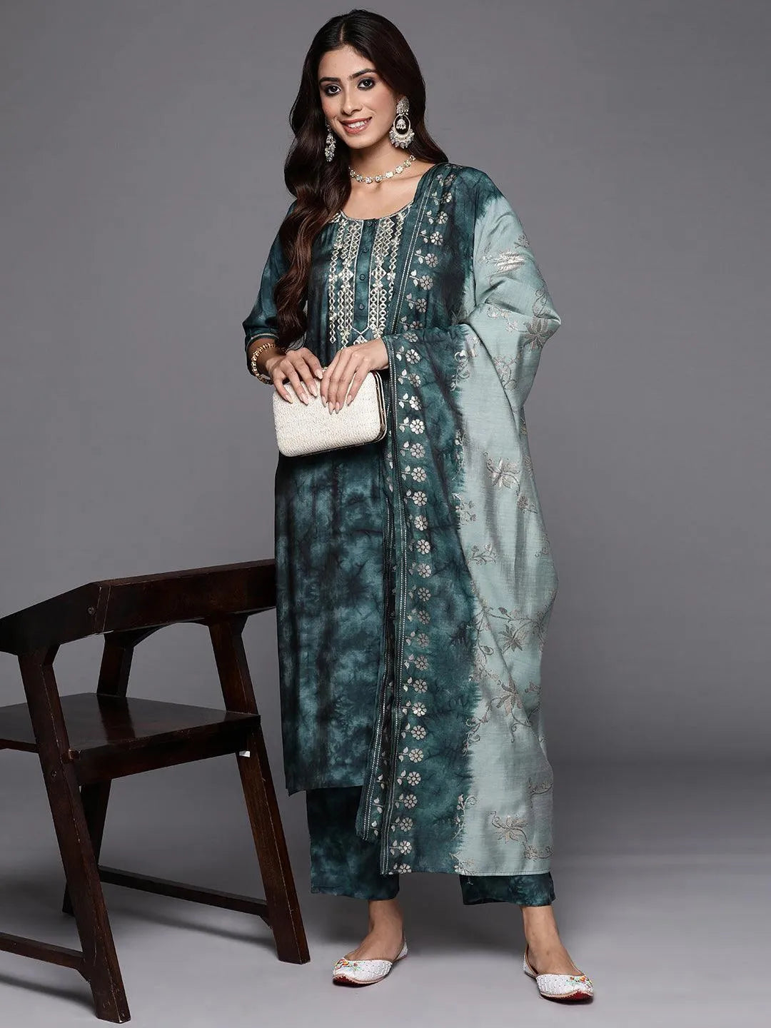 Grey Printed Silk Blend Straight Kurta With Trousers & Dupatta - Libas 