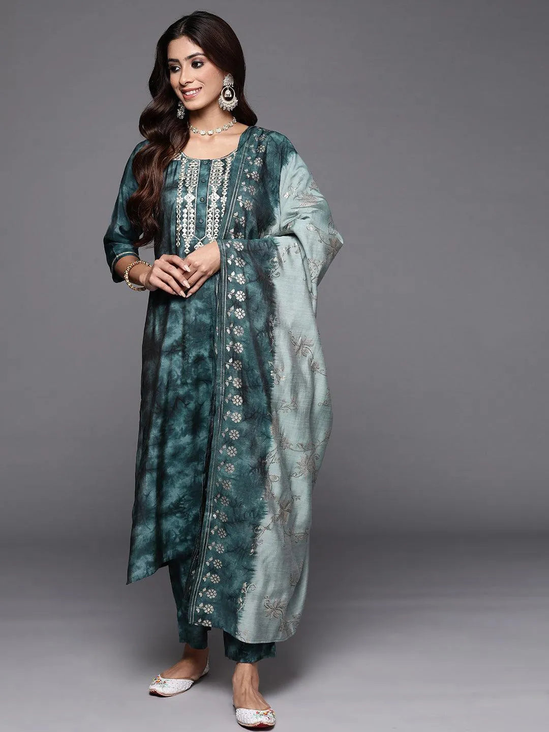 Grey Printed Silk Blend Straight Kurta With Trousers & Dupatta - Libas 