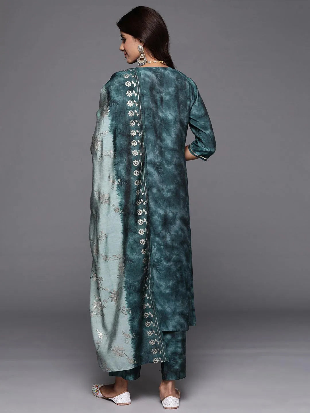 Grey Printed Silk Blend Straight Kurta With Trousers & Dupatta - Libas 