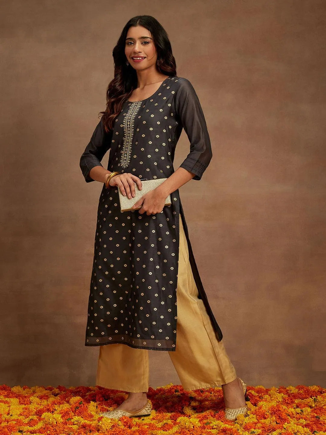 Grey Woven Design Chanderi Silk Straight Kurta - Libas