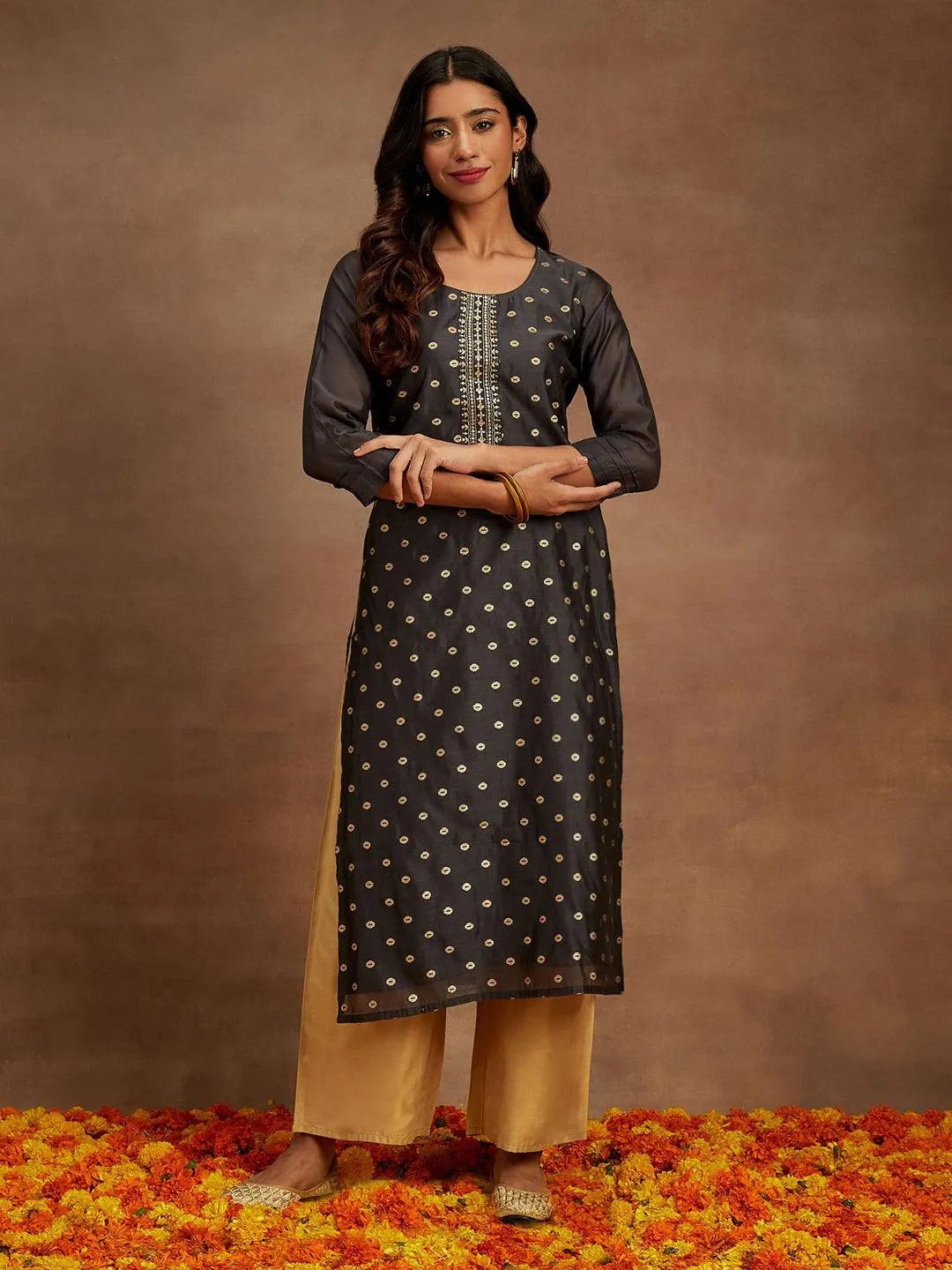 Grey Woven Design Chanderi Silk Straight Kurta - Libas