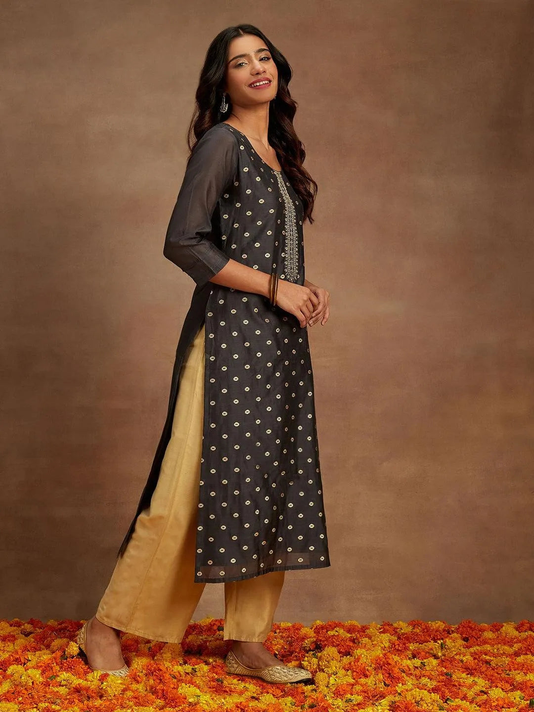 Grey Woven Design Chanderi Silk Straight Kurta - Libas