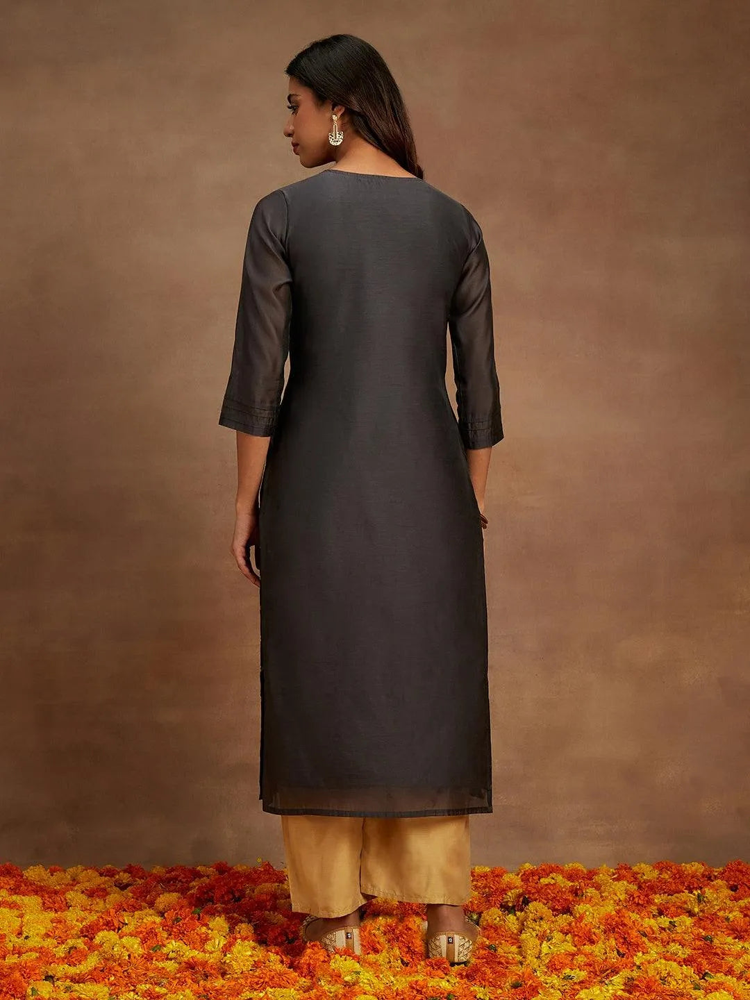 Grey Woven Design Chanderi Silk Straight Kurta - Libas