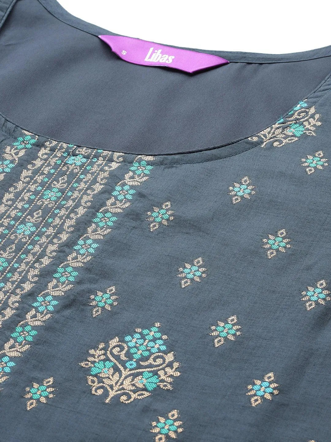 Grey Woven Design Silk Blend Straight Kurta With Trousers & Dupatta - Libas 
