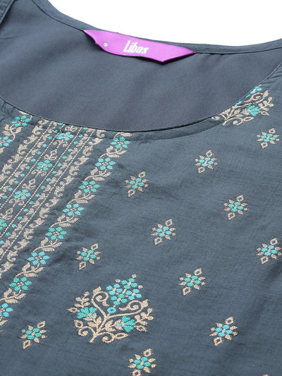 Grey Woven Design Silk Blend Straight Kurta With Trousers & Dupatta - Libas