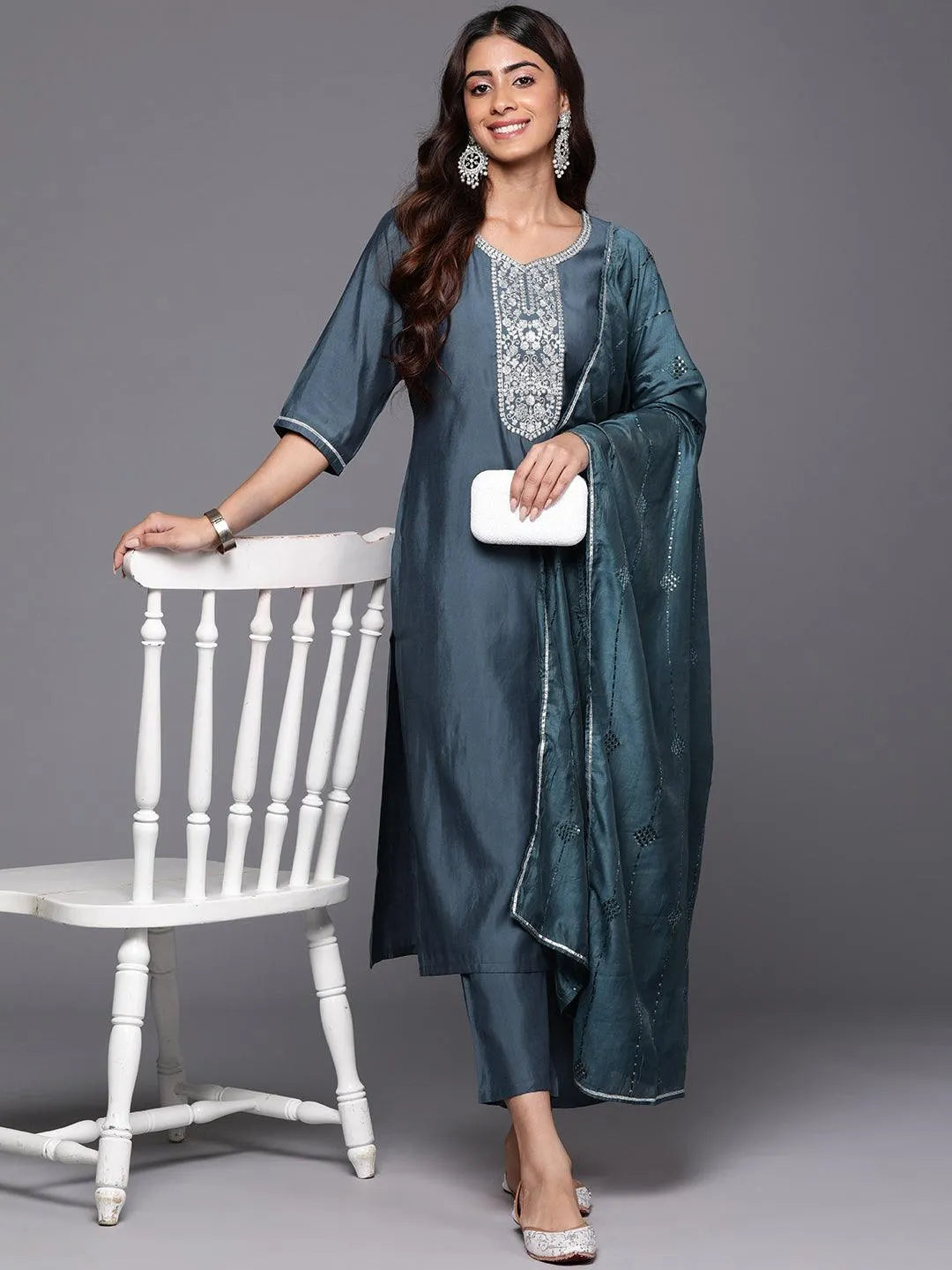Grey Embroidered Silk Blend Straight Kurta With Trousers & Dupatta