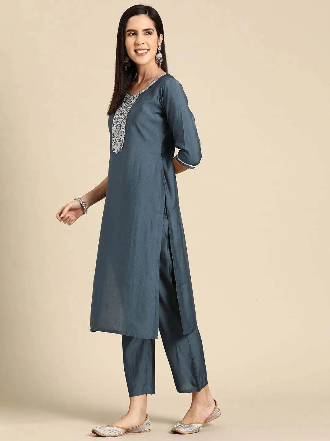 Grey Yoke Design Silk Blend Straight Kurta With Trousers & Dupatta - Libas 