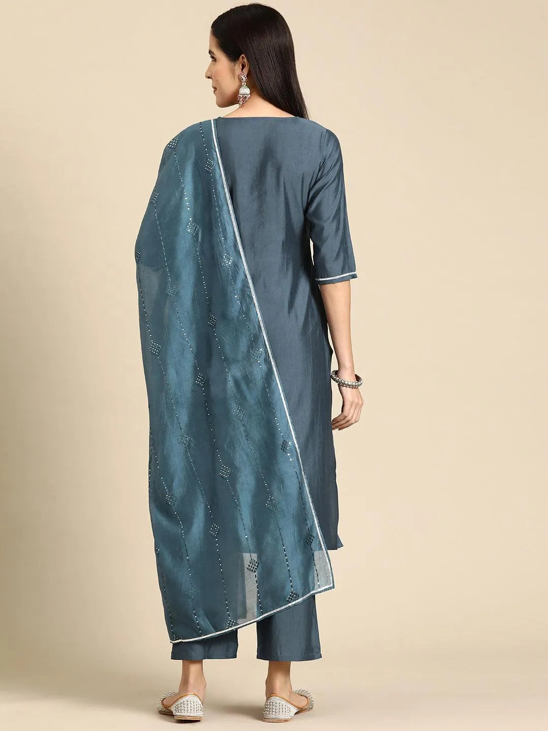 Grey Yoke Design Silk Blend Straight Kurta With Trousers & Dupatta - Libas 