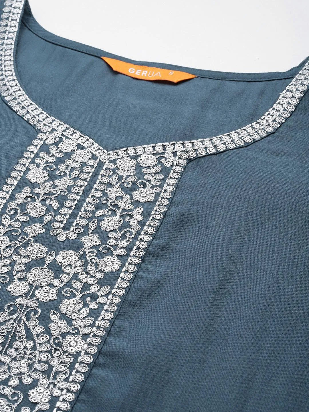 Grey Yoke Design Silk Blend Straight Kurta With Trousers & Dupatta - Libas 