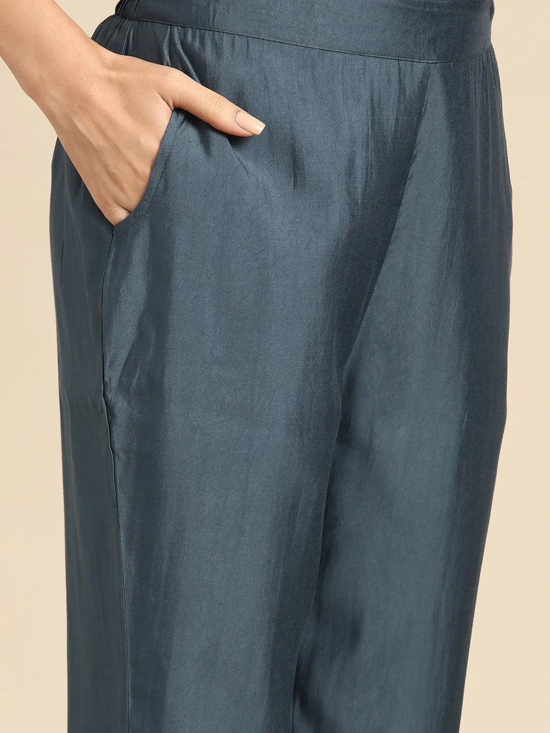 Grey Yoke Design Silk Blend Straight Kurta With Trousers & Dupatta - Libas 