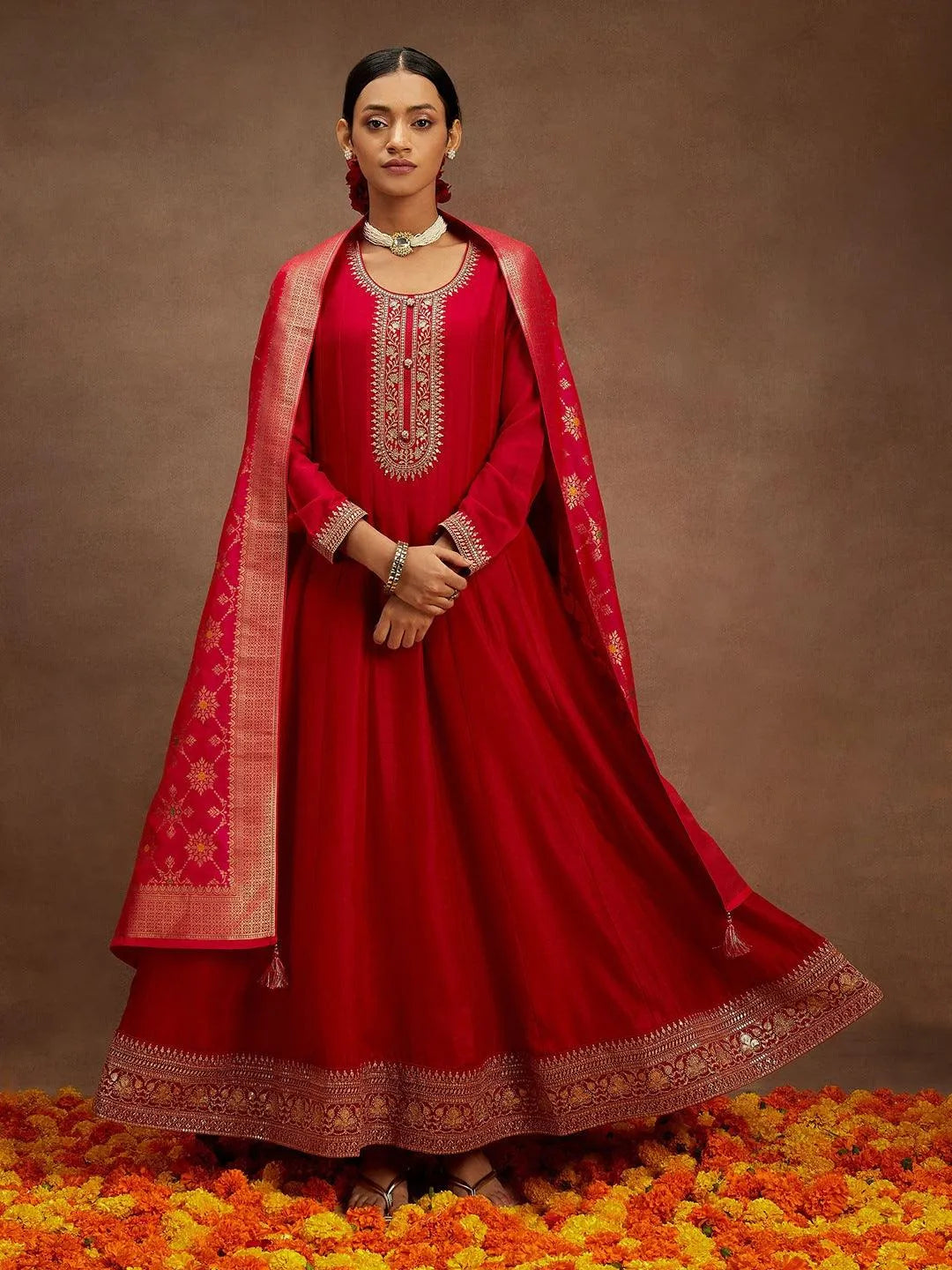 Hot Pink Yoke Design Silk Blend Anarkali Kurta With Trousers & Dupatta - Libas 