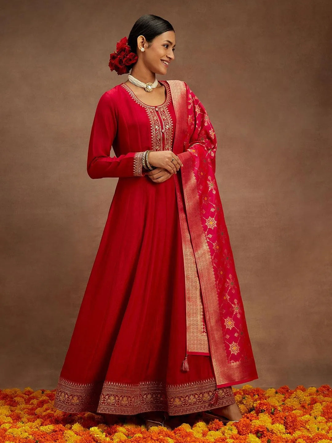 Hot Pink Yoke Design Silk Blend Anarkali Kurta With Trousers & Dupatta - Libas 
