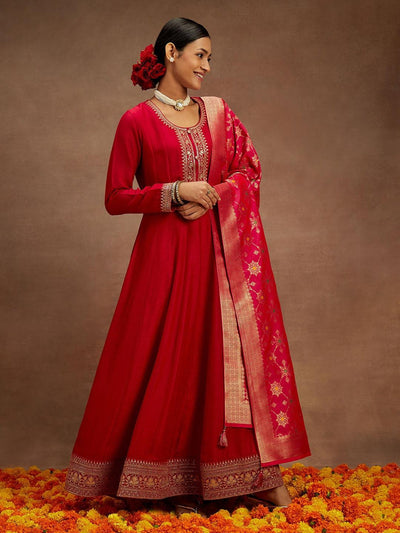 Hot Pink Yoke Design Silk Blend Anarkali Kurta With Trousers & Dupatta - Libas