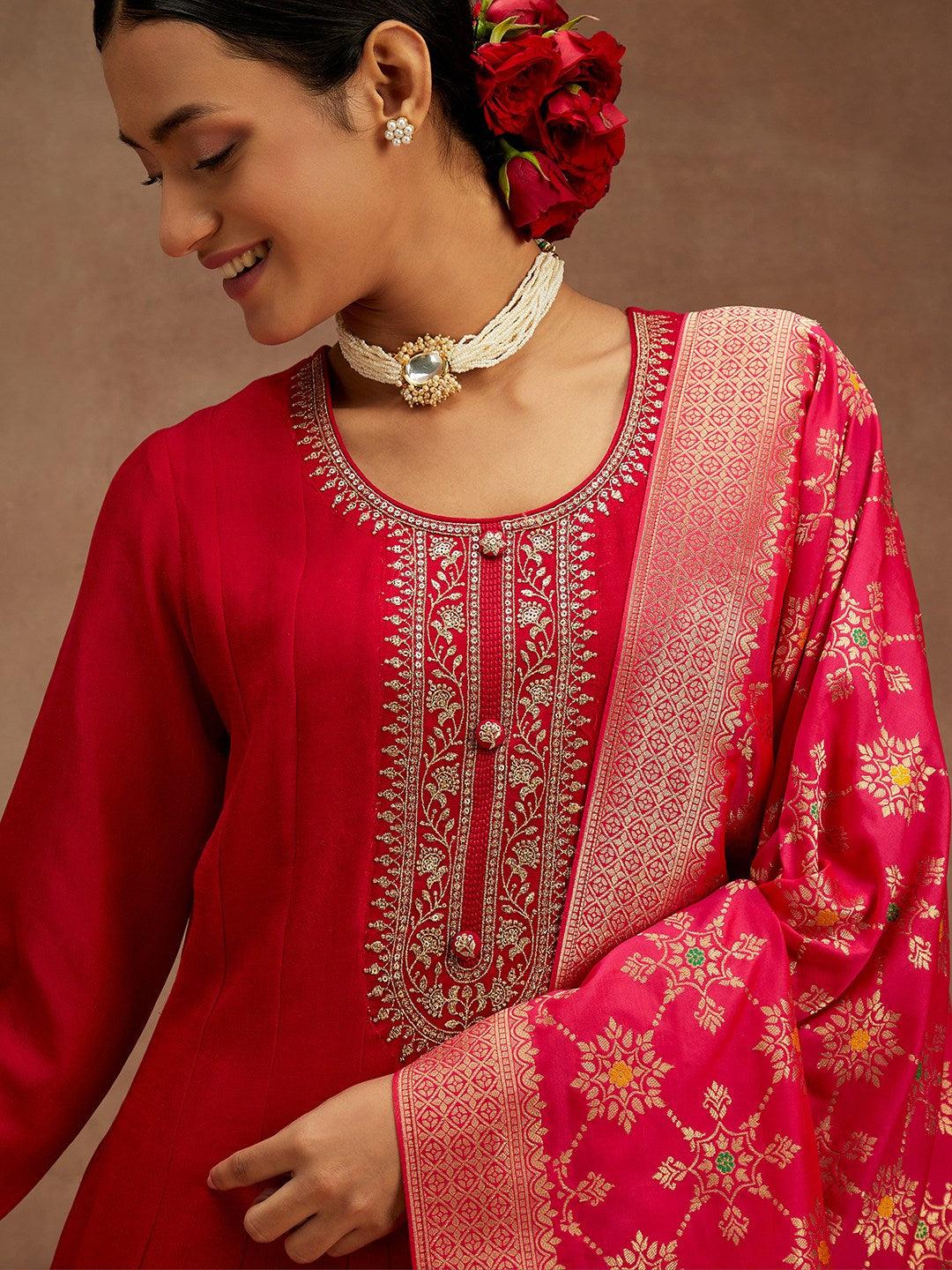 Hot Pink Yoke Design Silk Blend Anarkali Kurta With Trousers & Dupatta - Libas