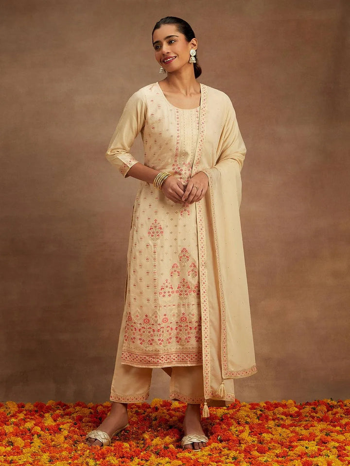 Ivory Woven Design Silk Blend Straight Kurta With Trousers & Dupatta - Libas