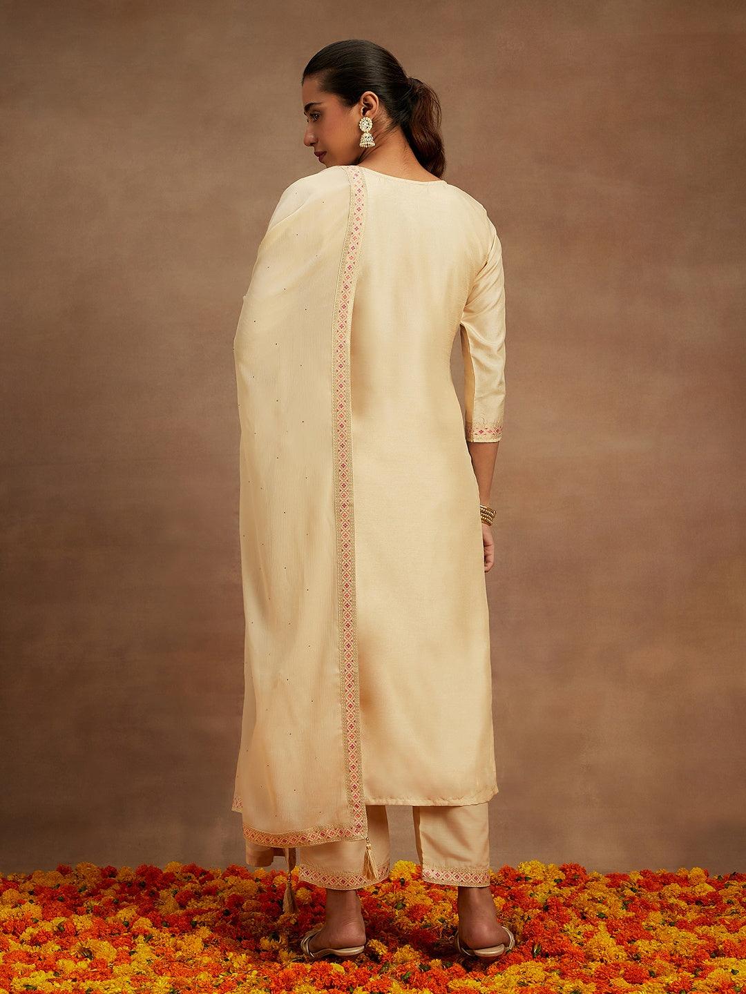 Ivory Woven Design Silk Blend Straight Suit With Dupatta