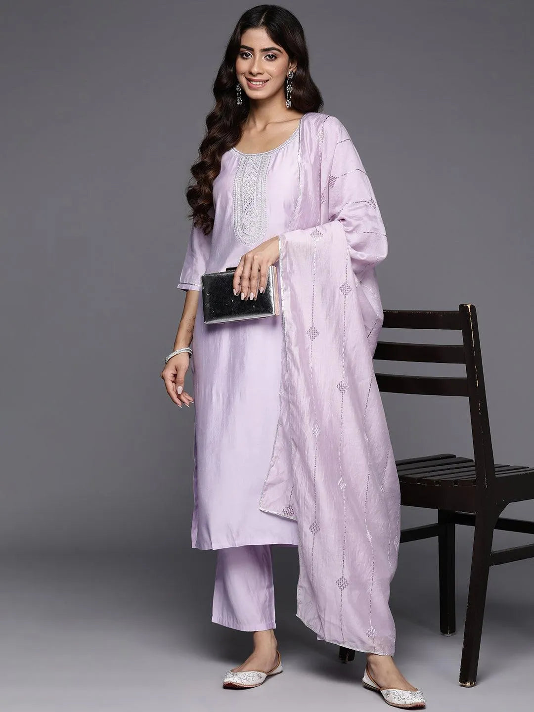 Lavender Yoke Design Silk Blend Straight Kurta With Trousers & Dupatta - Libas