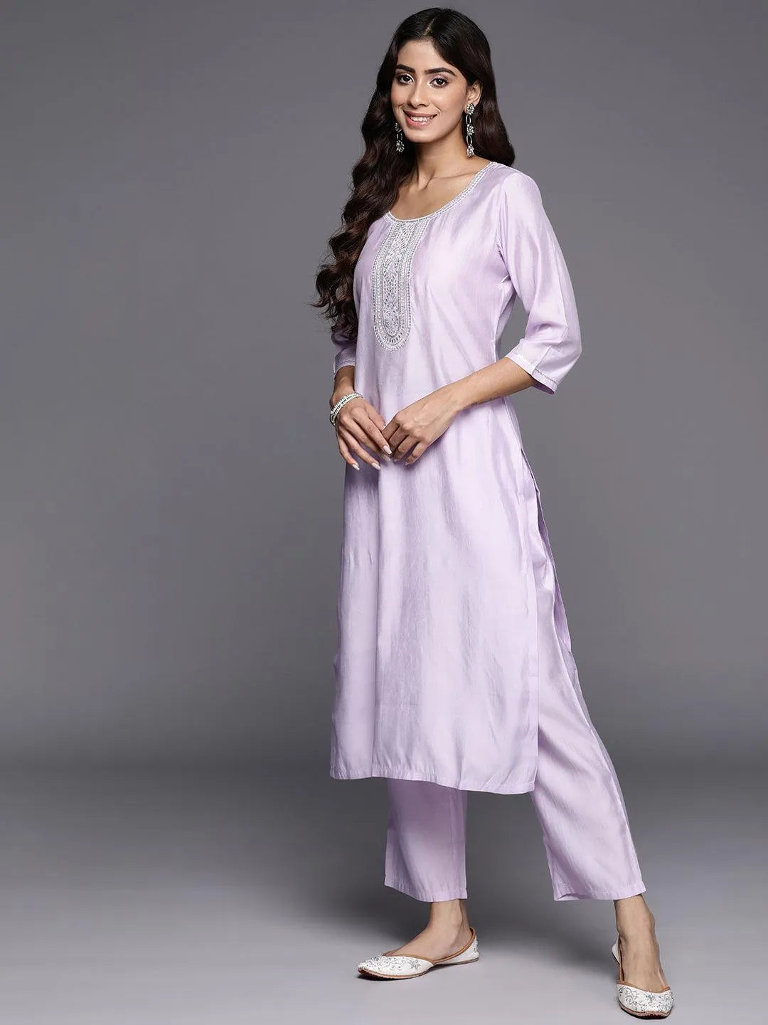 Lavender Yoke Design Silk Blend Straight Kurta With Trousers & Dupatta - Libas 