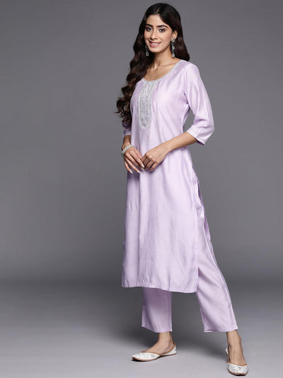Lavender Yoke Design Silk Blend Straight Kurta With Trousers & Dupatta - Libas