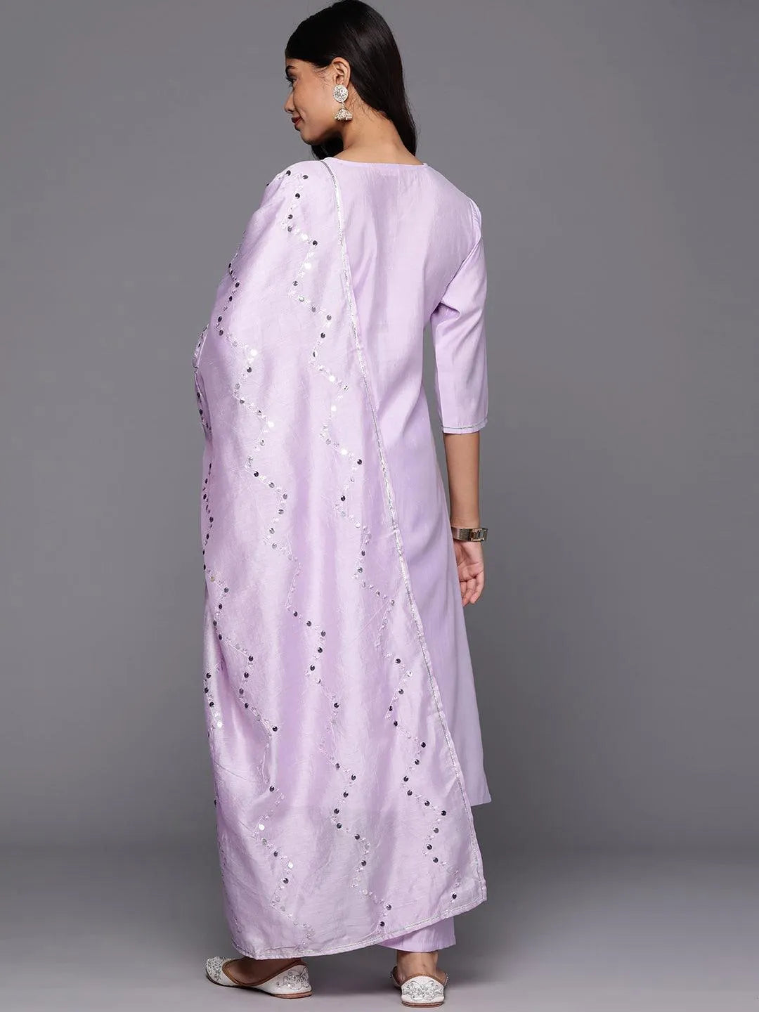 Lavender Yoke Design Silk Blend Straight Kurta With Trousers & Dupatta - Libas 