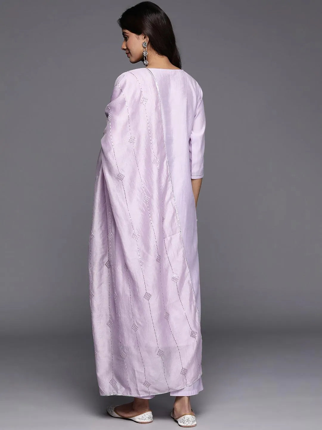 Lavender Yoke Design Silk Blend Straight Kurta With Trousers & Dupatta - Libas 