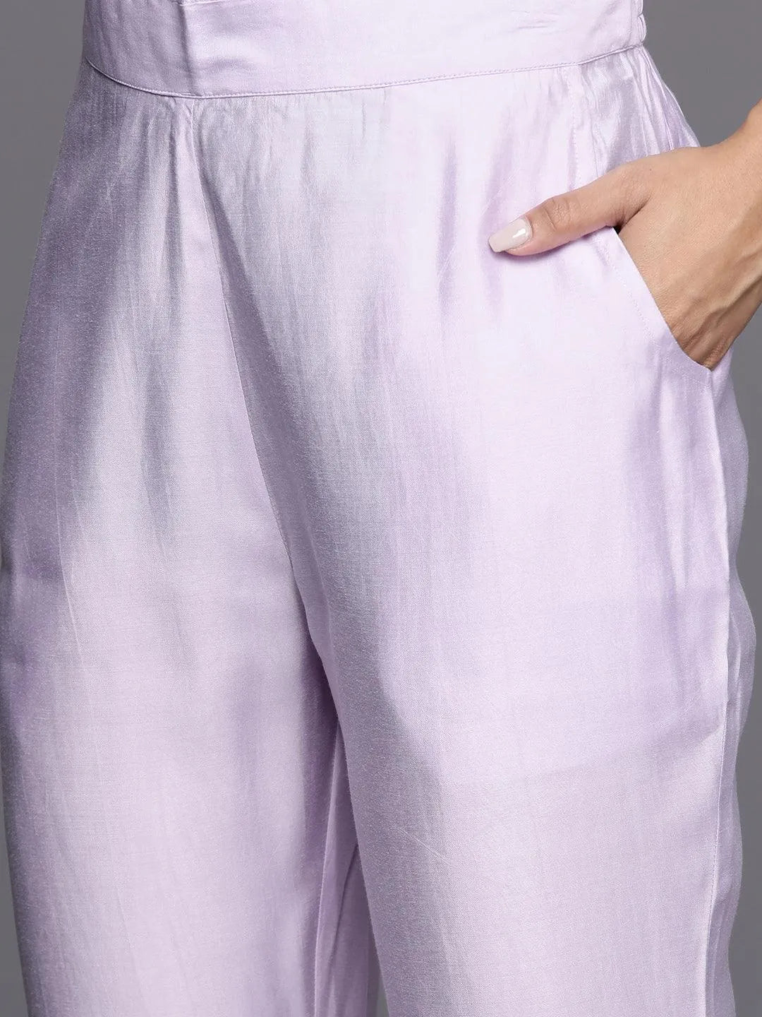 Lavender Yoke Design Silk Blend Straight Kurta With Trousers & Dupatta - Libas