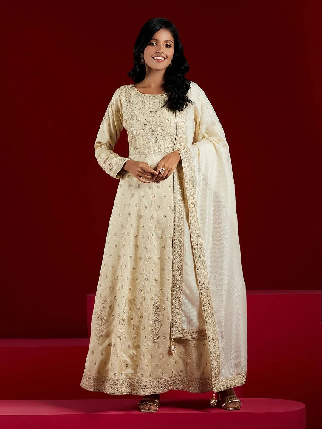 Libas Art Beige Embroidered Silk A-Line Kurta With Trousers & Dupatta - Libas 