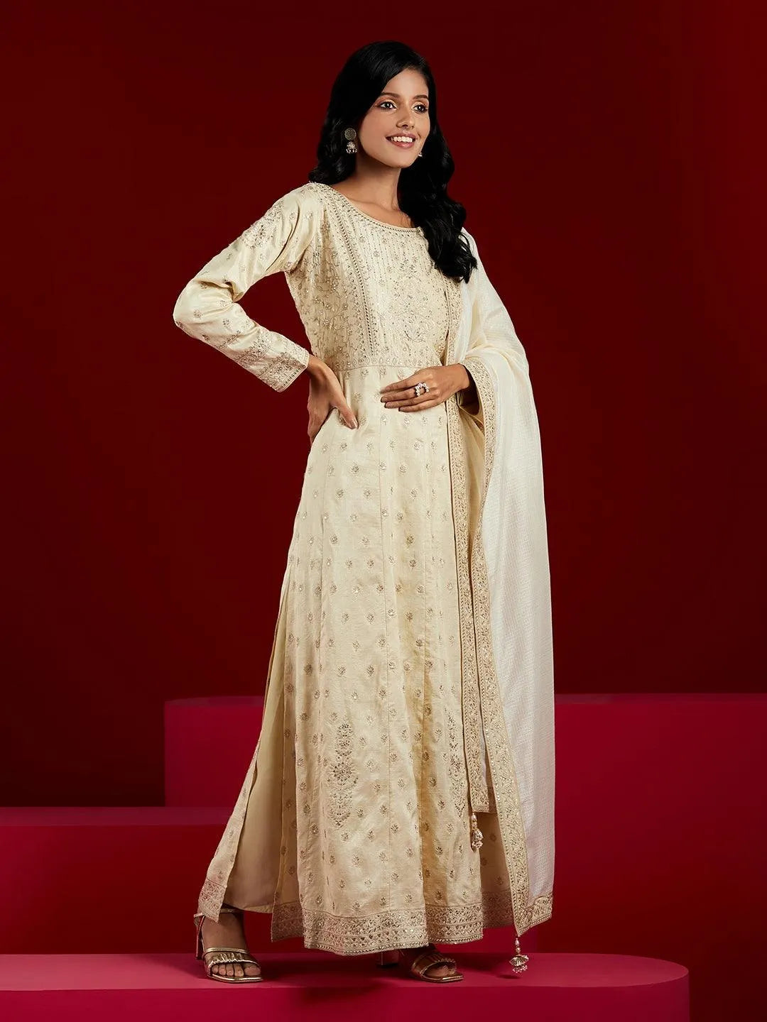 Libas Art Beige Embroidered Silk A-Line Kurta With Trousers & Dupatta - Libas 