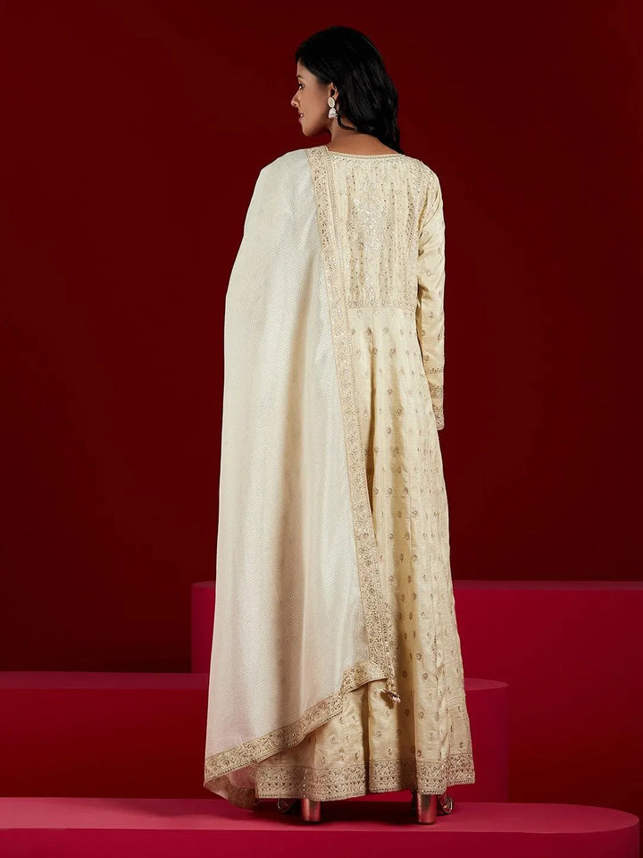 Libas Art Beige Embroidered Silk A-Line Kurta With Trousers & Dupatta - Libas