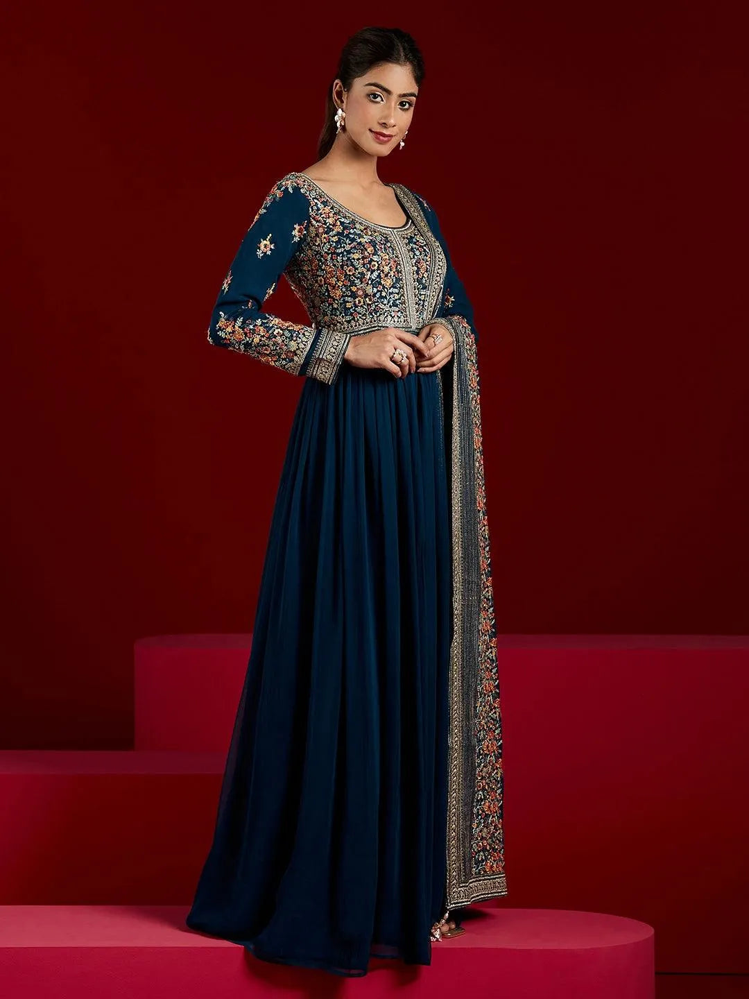 Libas Art Blue Yoke Design Georgette Anarkali Kurta With Trousers & Dupatta - Libas 