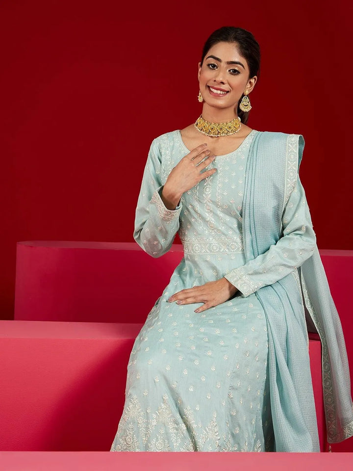 Libas Art Dusty Green Embroidered Silk A-Line Kurta With Palazzos & Dupatta - Libas