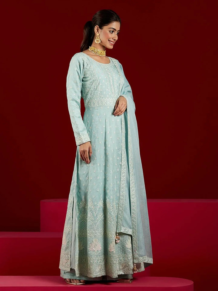 Libas Art Dusty Green Embroidered Silk A-Line Kurta With Palazzos & Dupatta - Libas