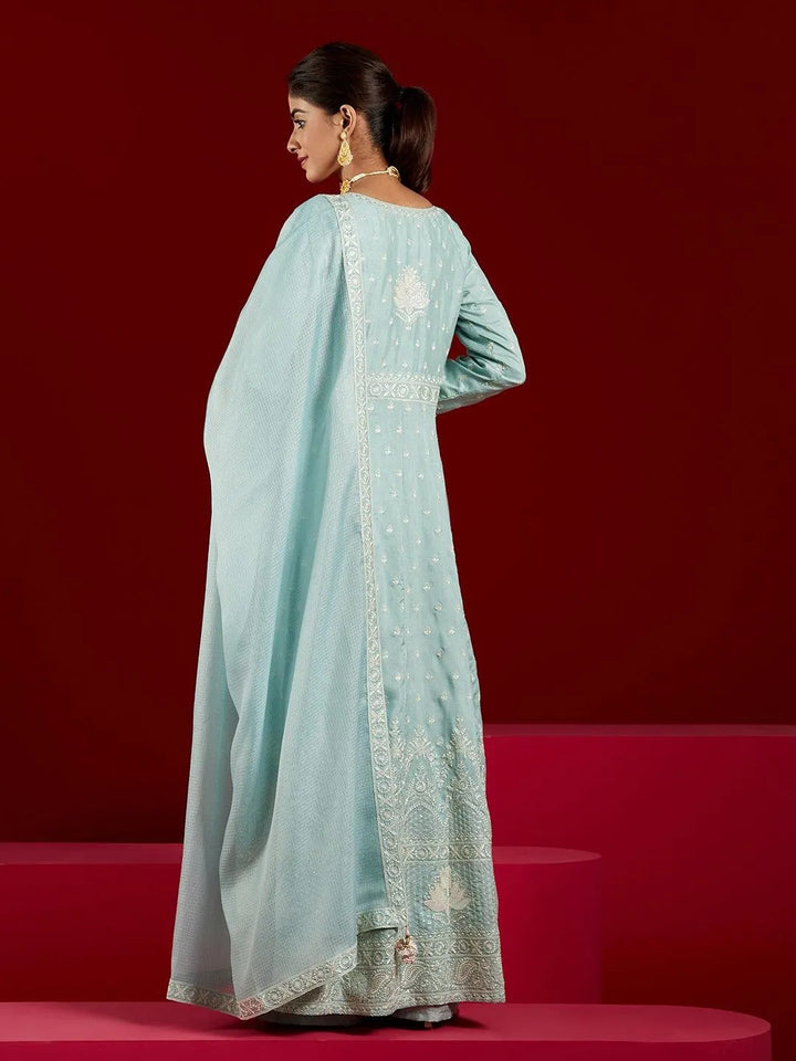 Libas Art Dusty Green Embroidered Silk A-Line Kurta With Palazzos & Dupatta - Libas