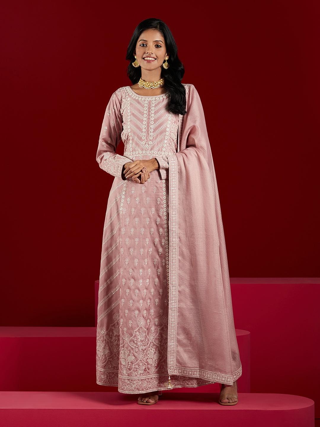 Libas Art Dusty Pink Embroidered Silk A-Line Kurta With Trousers & Dupatta