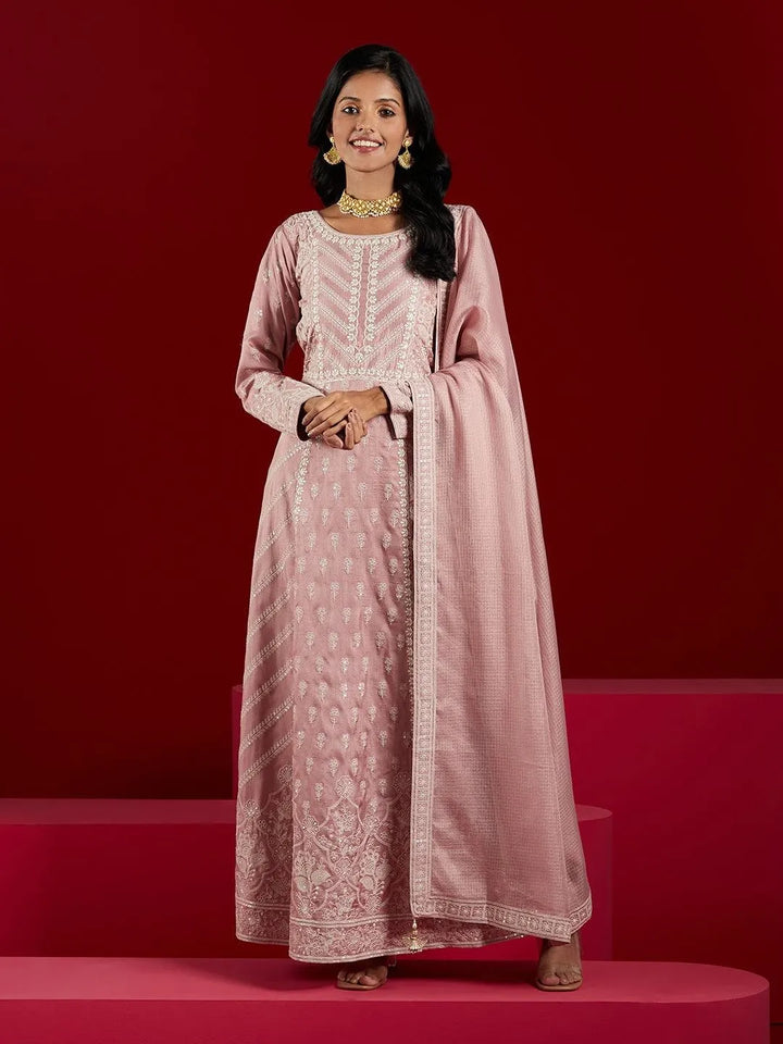 Libas Art Dusty Pink Embroidered Silk A-Line Kurta With Trousers & Dupatta - Libas