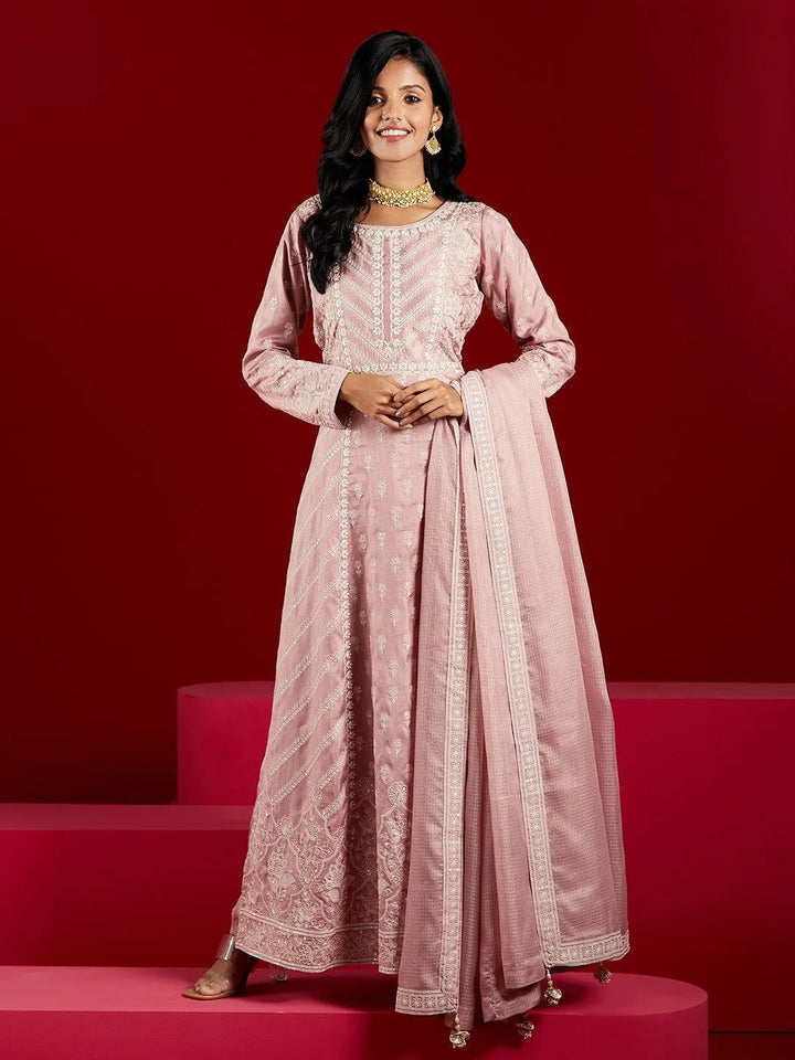 Libas Art Dusty Pink Embroidered Silk A-Line Kurta With Trousers & Dupatta - Libas