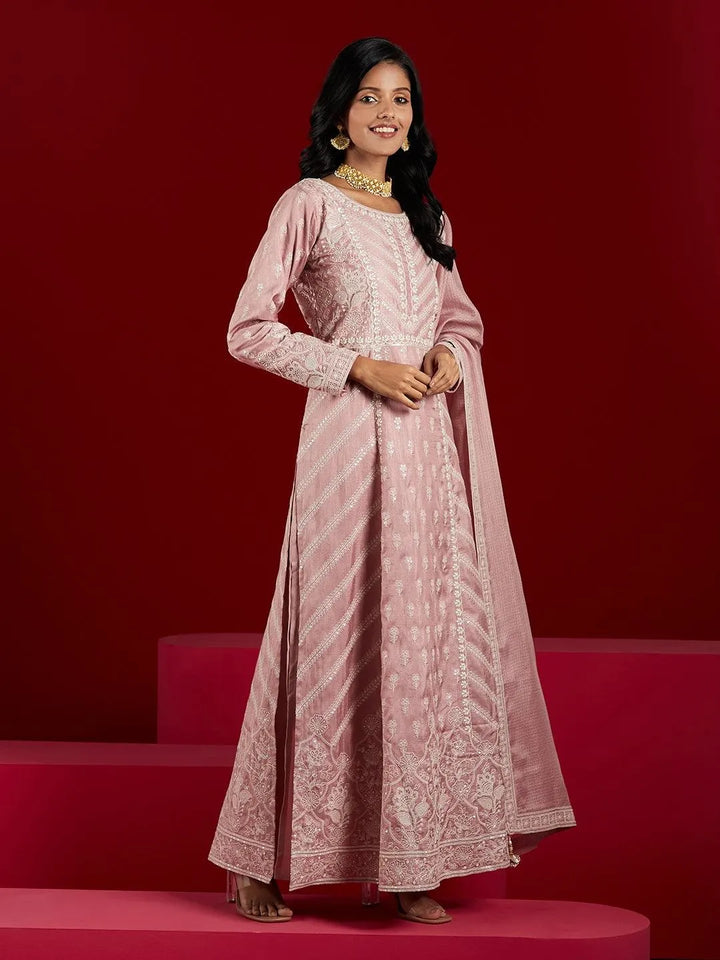 Libas Art Dusty Pink Embroidered Silk A-Line Kurta With Trousers & Dupatta - Libas