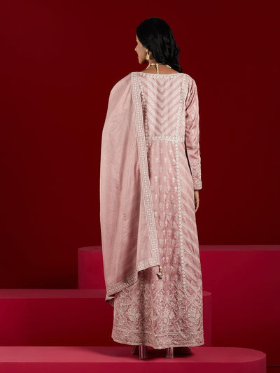Libas Art Dusty Pink Embroidered Silk A-Line Kurta With Trousers & Dupatta - Libas