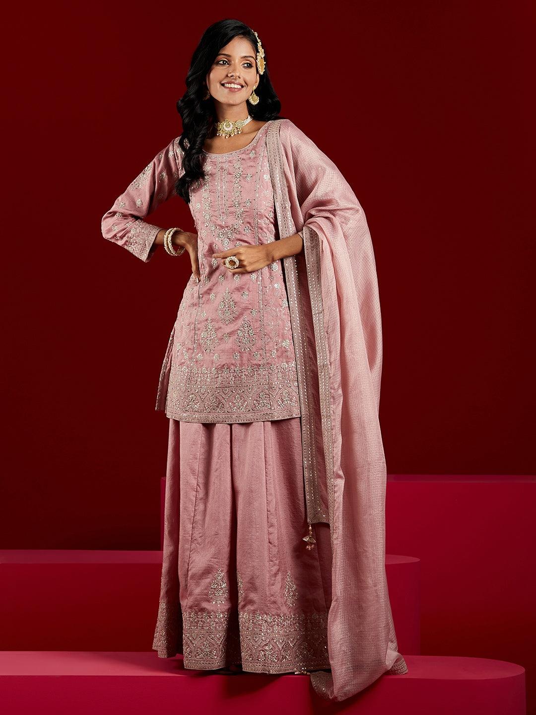 Libas Art Dusty Pink Embroidered Silk A-Line Sharara Suit Set With Dupatta