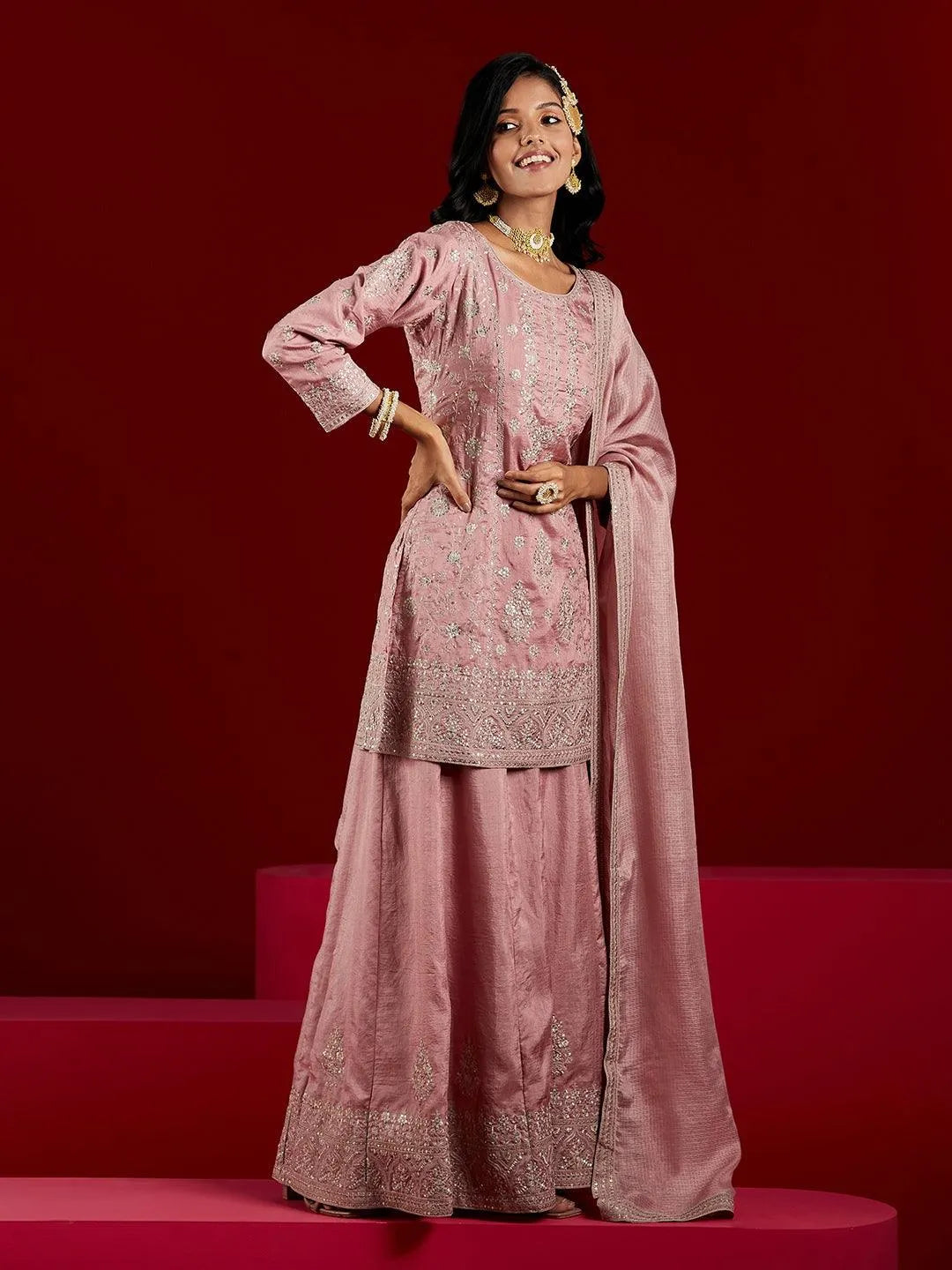 Libas Art Dusty Pink Embroidered Silk A-Line Kurti With Palazzos & Dupatta - Libas