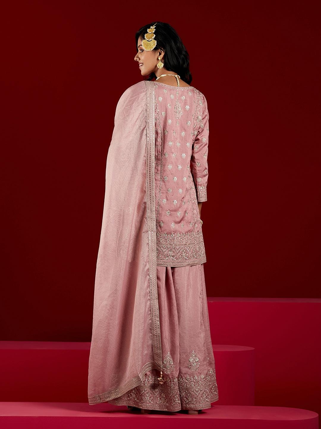 Libas Art Dusty Pink Embroidered Silk A-Line Sharara Suit Set With Dupatta