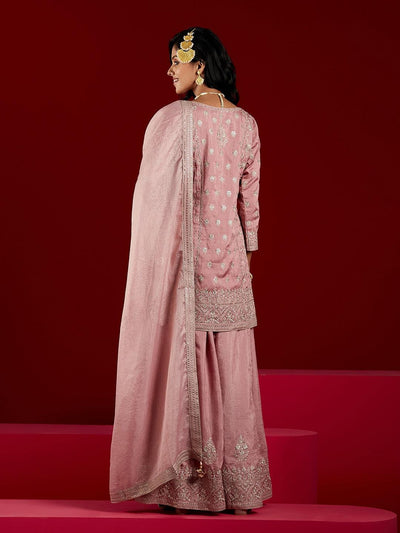 Libas Art Dusty Pink Embroidered Silk A-Line Kurti With Palazzos & Dupatta - Libas