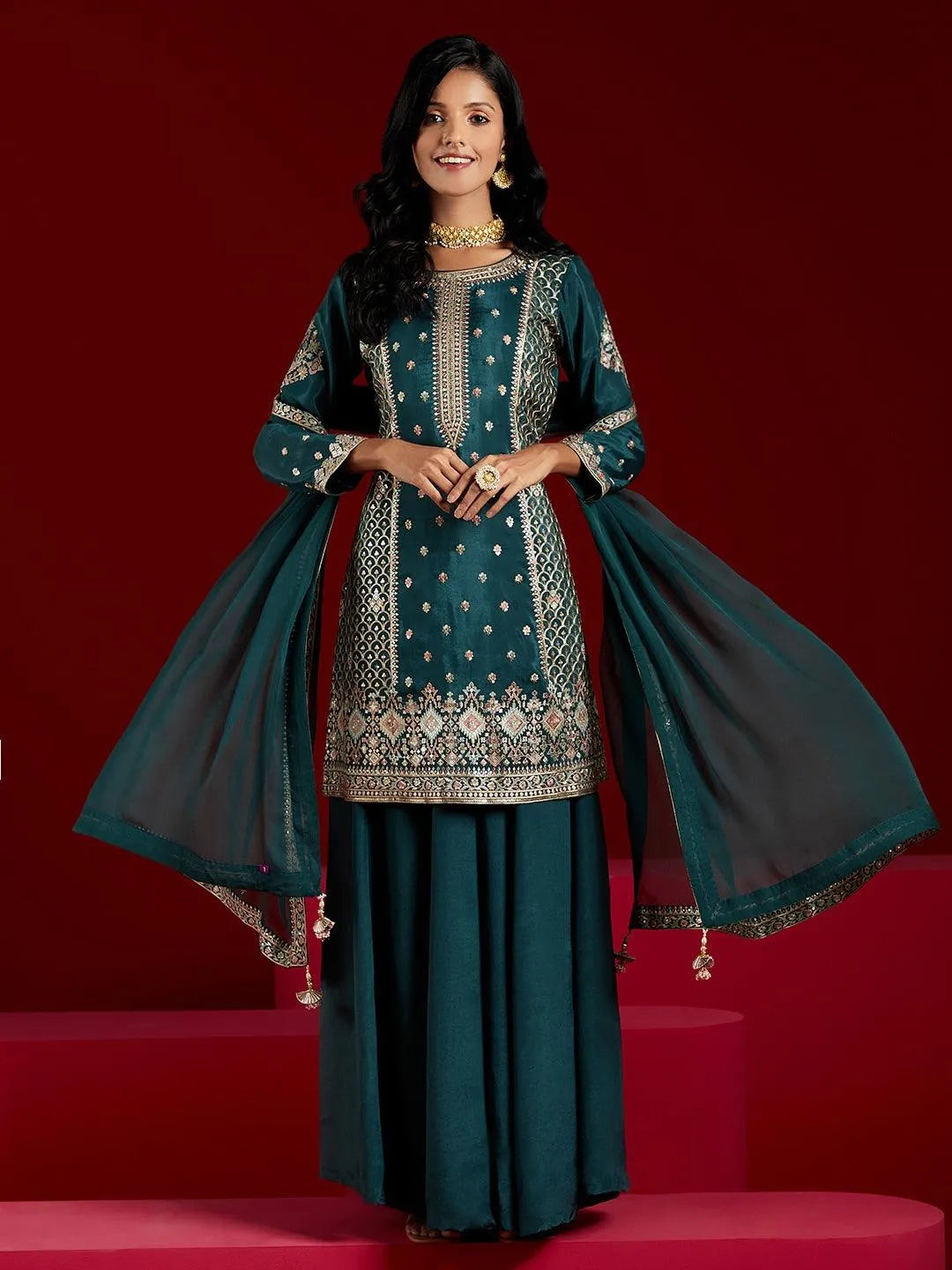 Libas Art Green Embroidered Silk Straight Kurta With Palazzos & Dupatta - Libas 