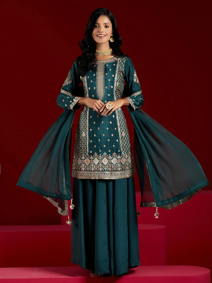 Libas Art Green Embroidered Silk Straight Kurta With Palazzos & Dupatta - Libas