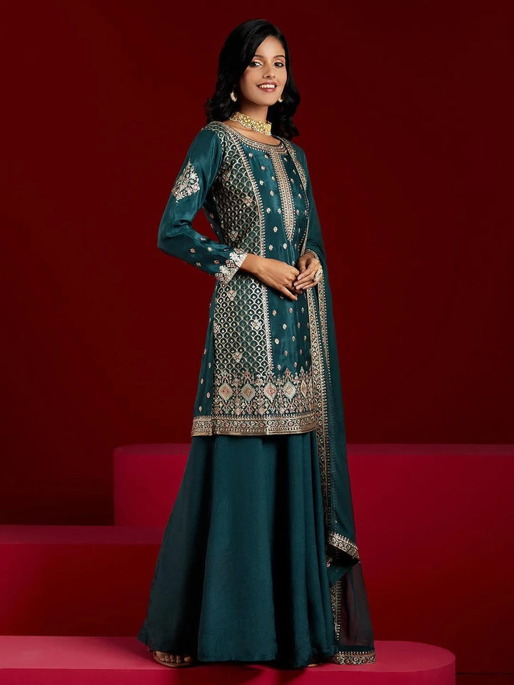 Libas Art Green Embroidered Silk Straight Kurta With Palazzos & Dupatta - Libas