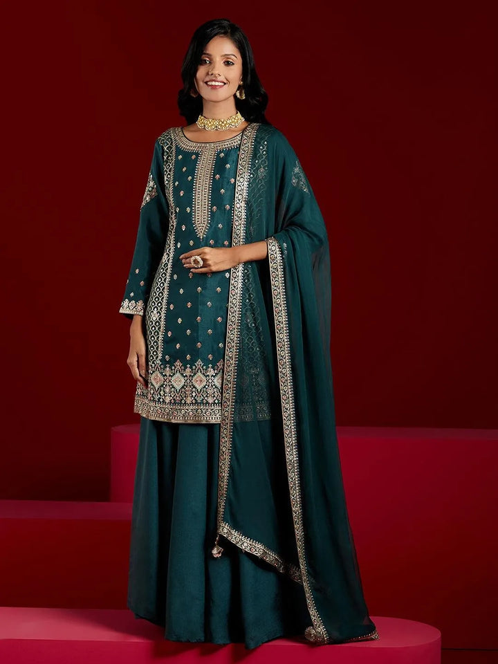 Libas Art Green Embroidered Silk Straight Kurta With Palazzos & Dupatta - Libas