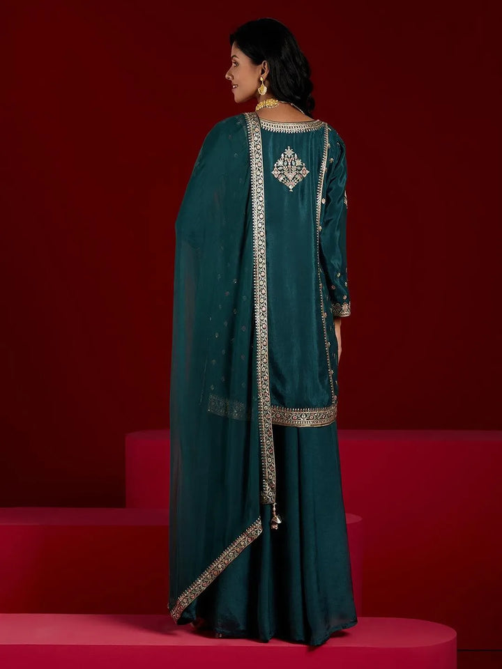 Libas Art Green Embroidered Silk Straight Kurta With Palazzos & Dupatta - Libas